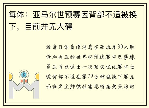 每体：亚马尔世预赛因背部不适被换下，目前并无大碍